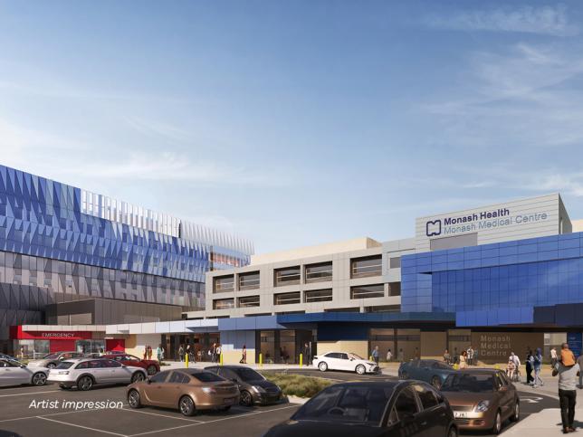 Artist impression of modern looking hospital building with carpark out the front