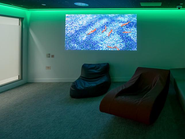 A sensory room lit in green light, with reclining couches and a projection of art on the wall