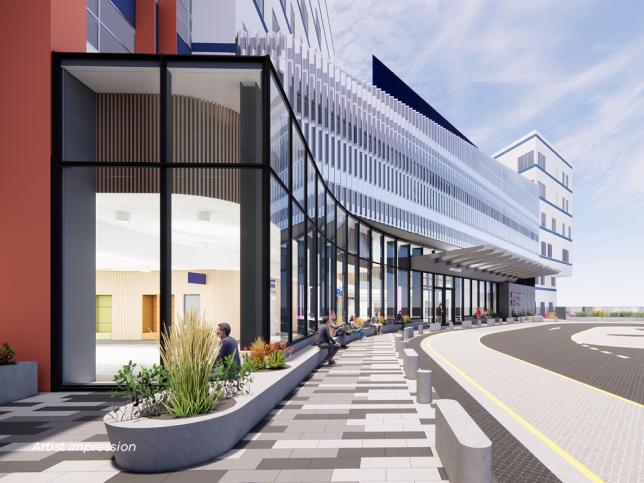 An artist impression of an exterior of a hospital entrance, with a grey and white brick pathway and glass windows looking into the lobby and reception