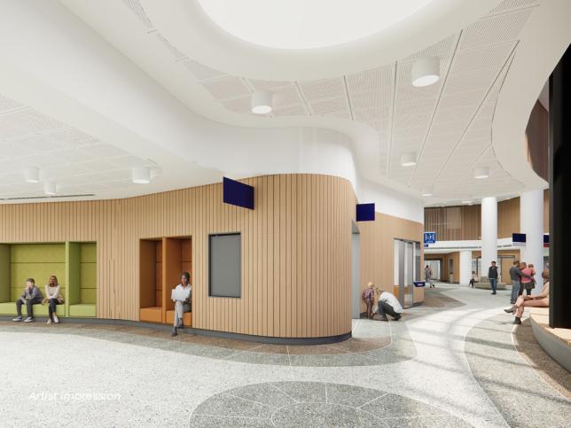 An artist impression of an emergency department lobby, with grey flooring, timber facade and white ceiling