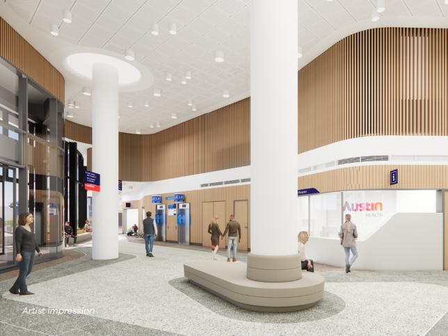 An artist impression of an emergency department lobby, with grey flooring, timber facade and white ceiling