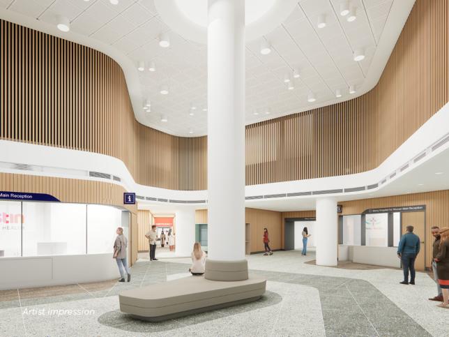 An artist impression of an emergency department main reception area, with grey flooring, timber facade and white ceiling