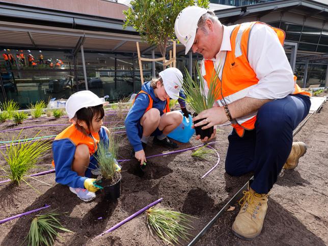 Two children and a man digging holes and removing plants from plastic pots, ready to plant