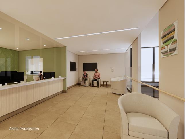 Artist impression of a dental reception area with earthy-toned tiles and white walls and ceiling