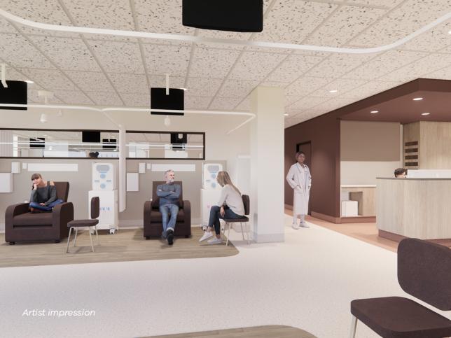 Artist impression of a dialysis space with a reception desk, couches and dialysis machines