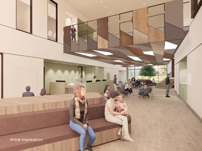 Artist impression of a foyer area with earthy-toned walls and floors, and a mezzanine level above