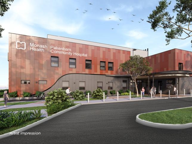 Artist impression of the exterior of Pakenham Community Hospital, with an earthy-toned facade