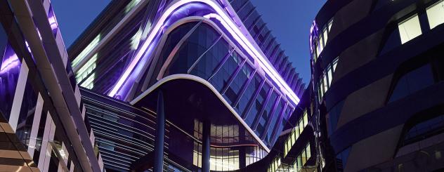 The Victorian Comprehensive Cancer Centre facade at night