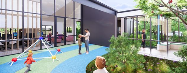 Artist's impression of the outside of the Women's PARC facility showing large windows overlooking a courtyard