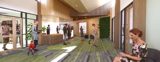 Artists impression showing internal entrance and waiting area within an early parenting centre