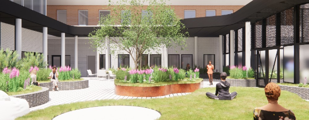 Artist's impression of courtyard for the Mental health bed expansion program at Royal Melbourne Hospital. 