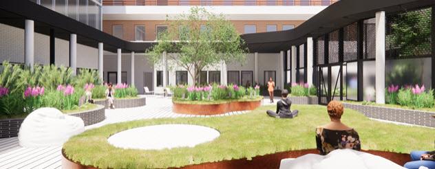 Artist's impression of a courtyard area with lawns, flowers and people doing yoga