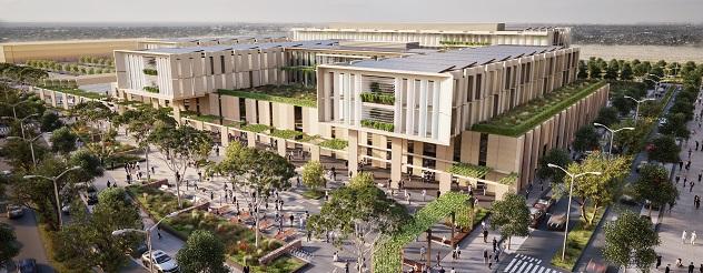 Aerial artist impression shows hospital building with solar panels and green spaces