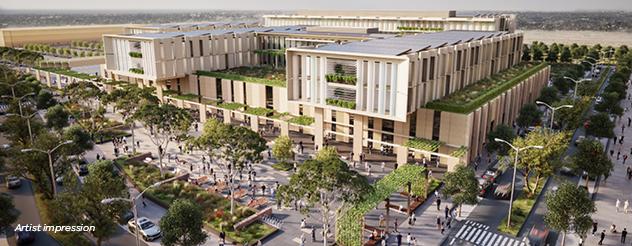 Aerial artist impression shows hospital building among green spaces