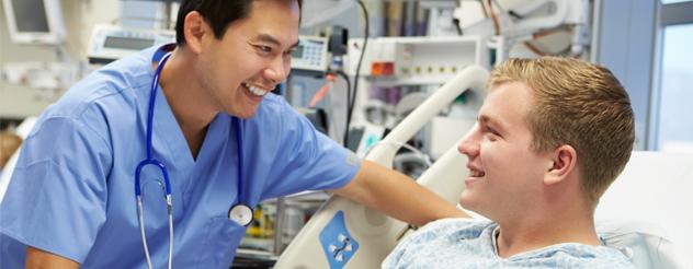 A doctor interacting with a hospital patient