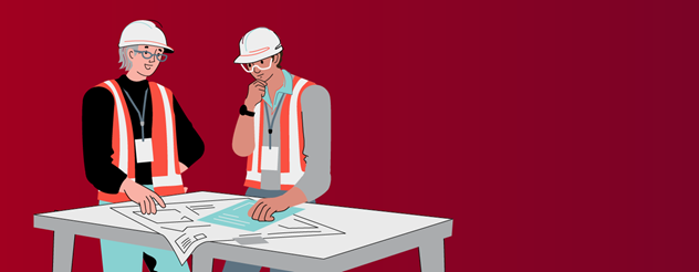 Illustration of two worker in high vis vests and hard hats reviewing plans on a table