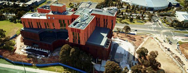 Aerial view of the Victorian Heart Hospital - major construction complete - October 2022