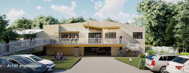 Artist impression of the entrance to an early parenting centre, with cream and grey brick and families playing on the lawn