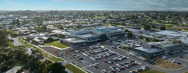 A wide shot aerial photo of exterior of Wonthanggi Hospital 