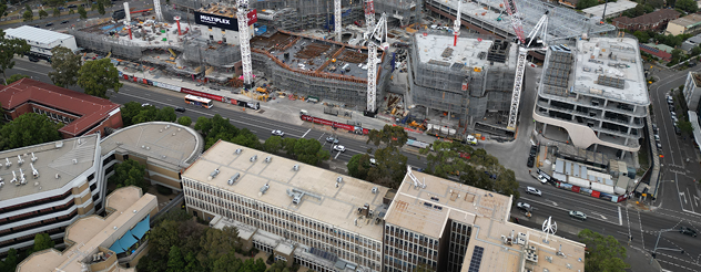 Aerial image of construction of new buildings at the New Footscray Hospital 