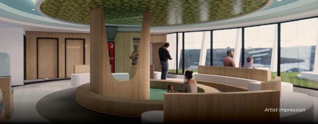 Artist impression of a circular waiting room with parents and their children.