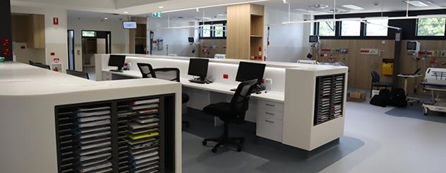 A photo of A nurse station and administration area at the redeveloped Wangaratta Hospital. 