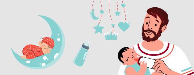 Illustration of a child sleeping on a half moon. There is also a parent feeding their baby a bottle.