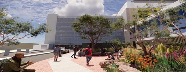 Artist impression of a courtyard with lots of plants and people walking around. They are standing in front of a multi level carpark at the Ballarat Base Hospital.