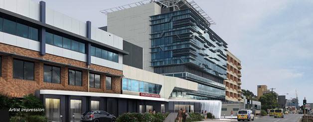 The outside of the Kids ED at University Hospital Geelong. It is a multi-storey building