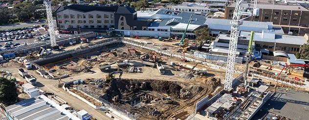 Aerial shot of the construction site at the Frankston Hospital redevelopment