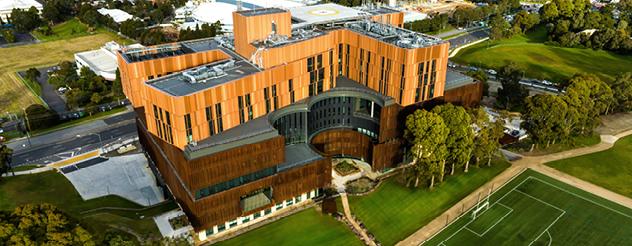 Aerial view of the outside of the Victorian Heart Hospital