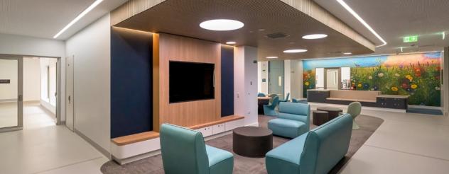 Communal area with blue chairs at the Sunshine Hospital mental health and wellbeing centre