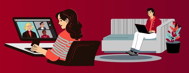 Illustration of a woman on a video call on a computer and someone else sitiing on a sofa on their laptop