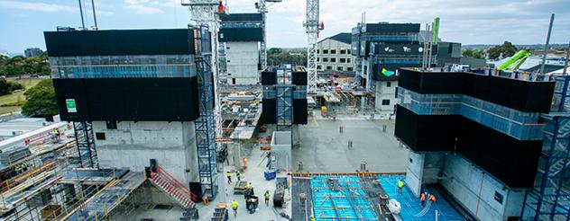 Aerial image of construction at the Frankston Hospital redevlopment