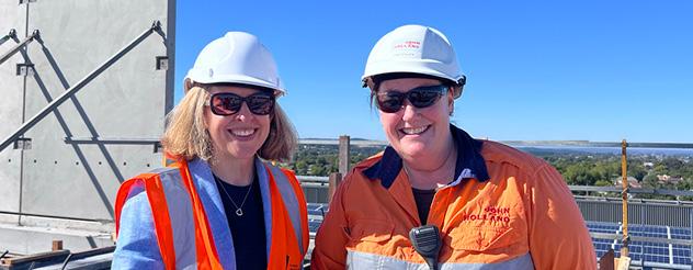 Anna Marshall, Executive Program Delivery Director for VHBA, and Sam Sculley, Site Supervisor for John Holland onsite at the Ballarat Base Hospital redevelopment