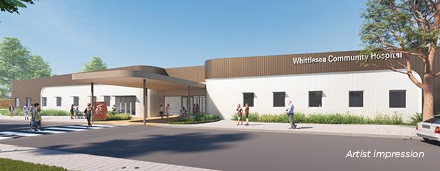 An artist impression of the exterior of Whittlesea Community hospital, with a white and brown facade