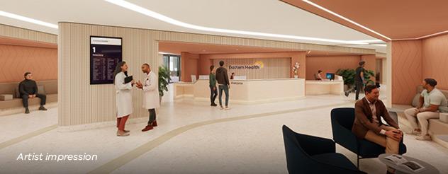 An artist impression of the entrance reception of the redeveloped Angliss Hospital, with white floors and ceiling, and terracotta-coloured walls. There are two reception desks and waiting areas with couches and chairs.