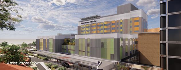 Artist impression of the multi-storey facade of Ballarat Base Hospital, with people and cars near the entrance area