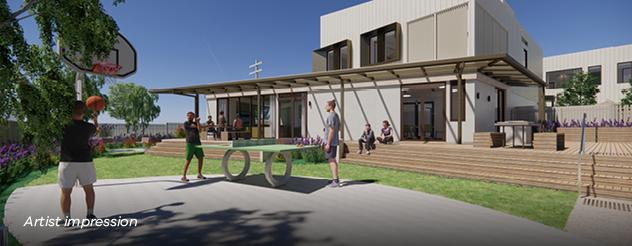 Artist impression of an outdoor area, with a basketball court and table tennis table, with a two-storey building with white facade in the background