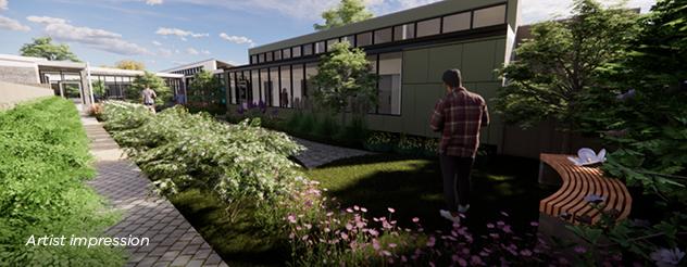 Artist impression of a person standing in a garden area, surround by plants on one side and the green facade of a building on the other side