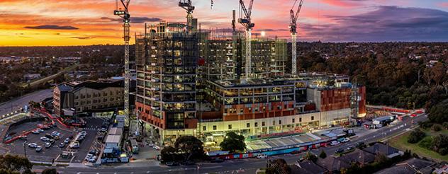 Aerial view of Frankston Hospital at sunrise, taken by local photographer Steve Brown