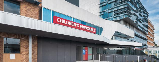 Main entrance with a red sign that says 'Children's Hospital'