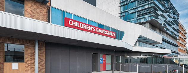 Main entrance with a red sign that says 'Children's Hospital'