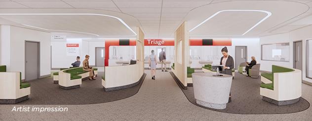 Render showing white reception desks and waiting areas looking clean and comfortable.