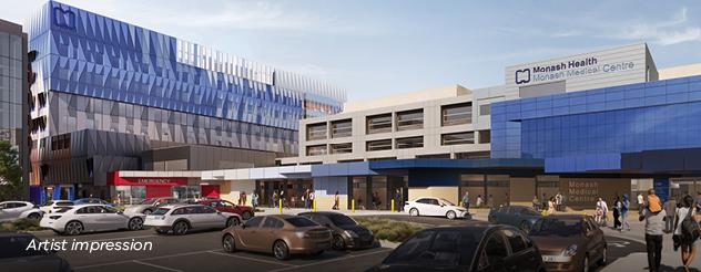 Artist impression of a modern looking hospital building with cars out the front