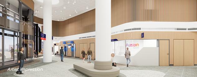 An artist impression of an emergency department lobby, with grey flooring, timber facade and white ceiling